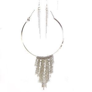 Stunning Set: Necklace with Matching Earrings, Silver-Toned, Clear Rhinestones